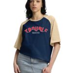 JUNEBERRY® 100% Pure Cotton Oversized Baggy Fit Front Trouble Maker White & Navy Typographic Raglan Sleeves Round Neck T-Shirt for Women & Girls (Sizes: S to 2XL)