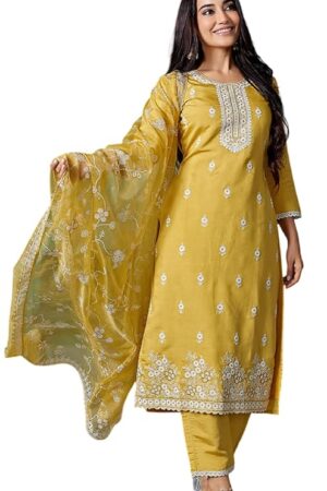 GOMOSWA INTERNATIONAL Women's Viscose Silk Embroidered Straight Kurta with Viscose Silk Pant and Jacquard Jacquard Dupatta Sets