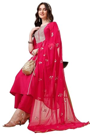 EthnicJunction Women's Cotton Silk Embroidered Kurta Palazzo and Dupatta Set