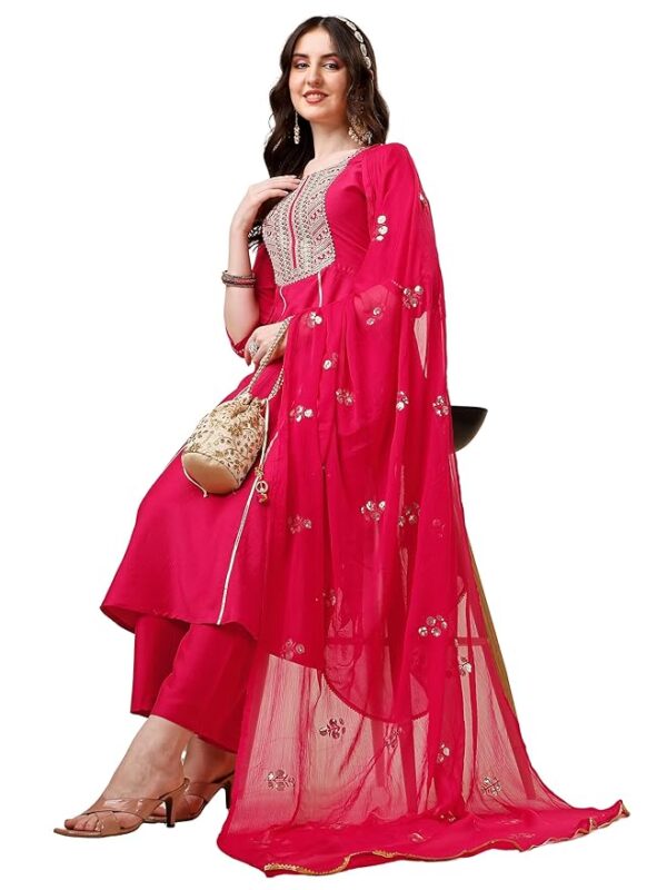 EthnicJunction Women's Cotton Silk Embroidered Kurta Palazzo and Dupatta Set