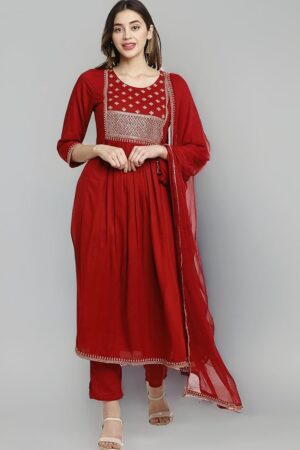 Rajnandini Women's Rayon Embroidered Kurta Set With Dupatta (JOPLVL245-P_Maroon_P)